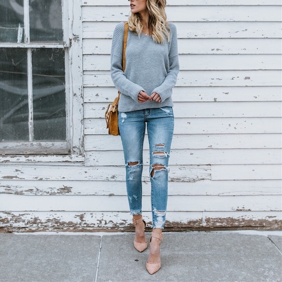 5🌟Sunny Day Sexy Blue Long Sleeve Cozy Sweater - Picture 5 of 8